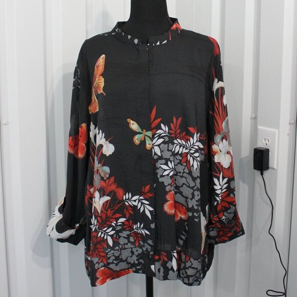Citron Santa Monica Womens Button Front Blouse Black Floral Butterfly Size 2X - Picture 1 of 10
